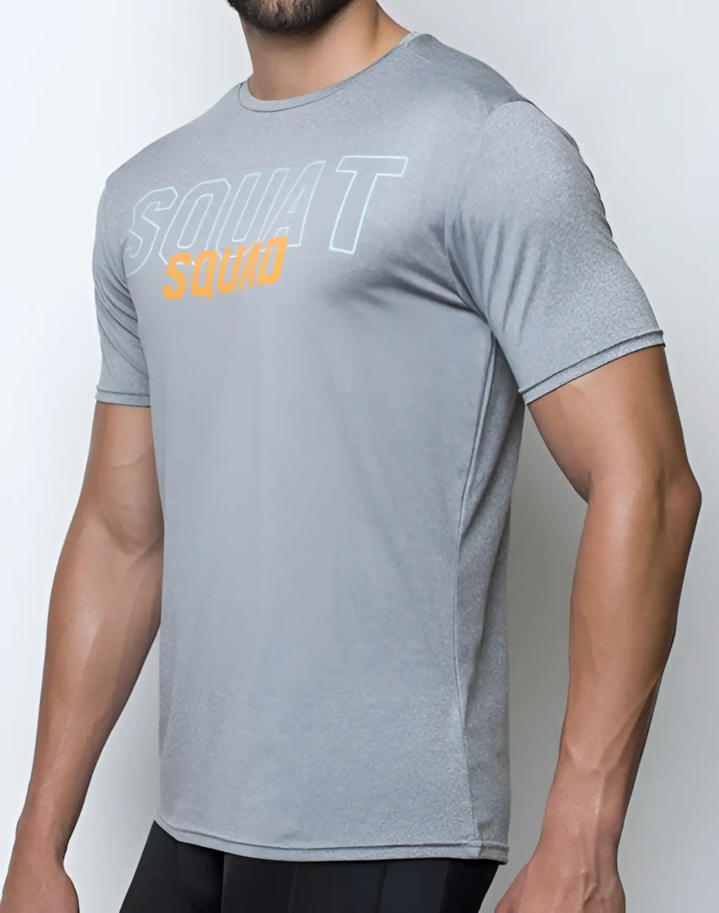 Gray heathered short sleeve SUPAWEAR SUPA t-shirt with squat outlined in white and squad in orange lettering