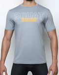 Gray heathered short sleeve SUPAWEAR SUPA t-shirt with white outlined squat and orange squad lettering