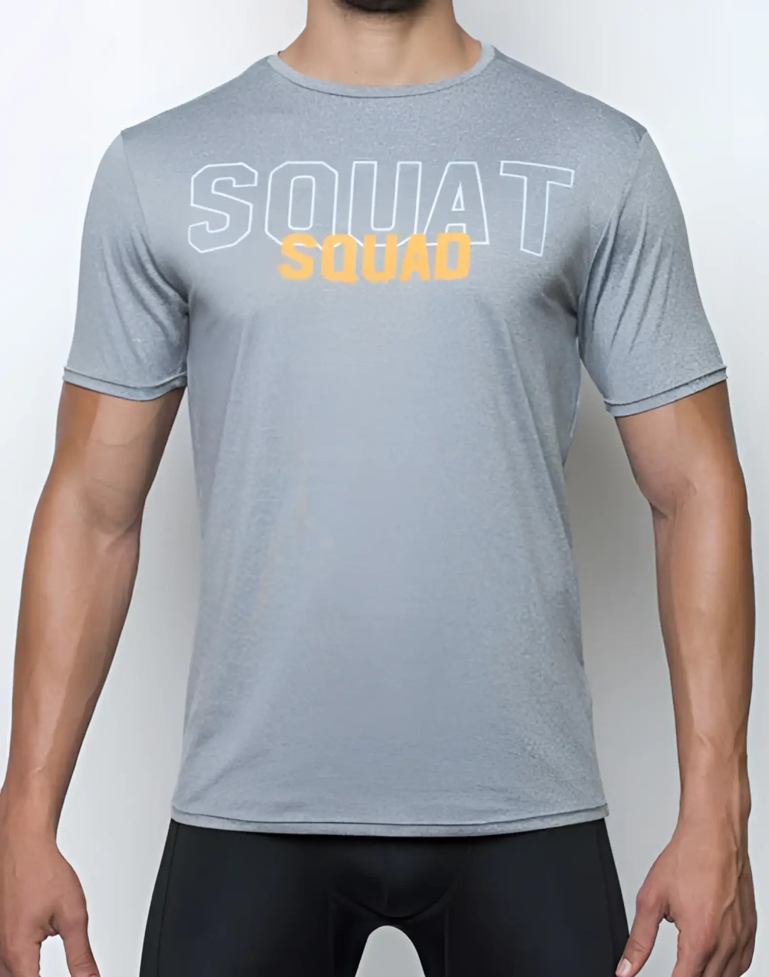 Gray heathered short sleeve SUPAWEAR SUPA t-shirt with white outlined squat and orange squad lettering