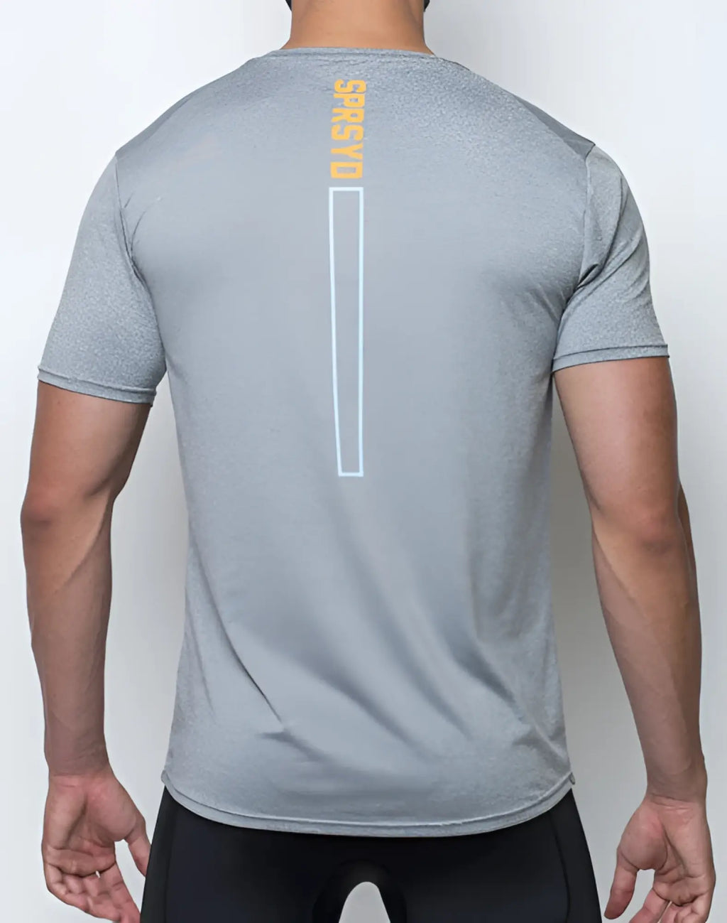 Back of gray heathered supawear supa t-shirt with vertical yellow srsyd logo and white rectangular spine outline