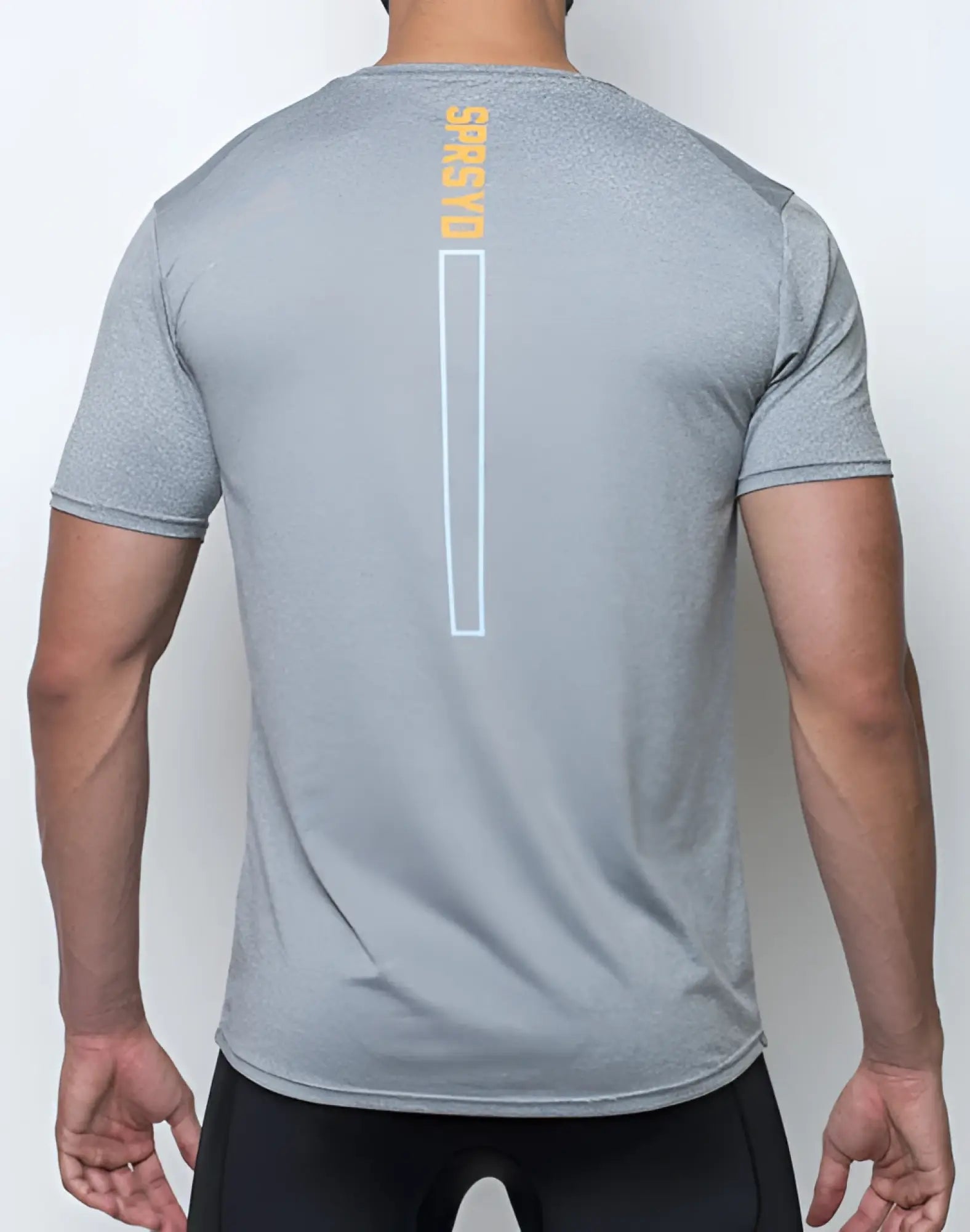 Back of gray heathered supawear supa t-shirt with vertical yellow srsyd logo and white rectangular spine outline