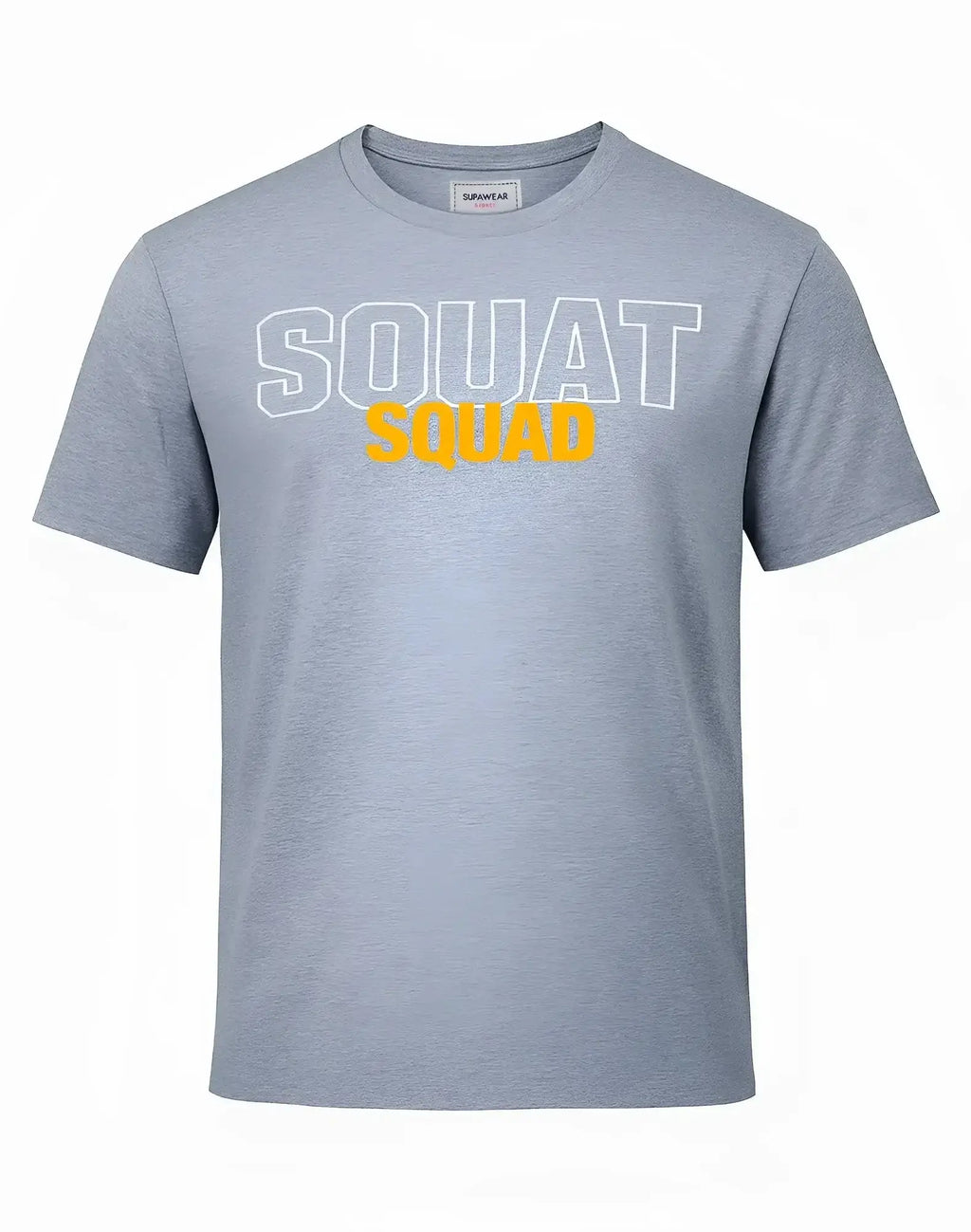 Gray heathered cotton supawear supa t-shirt with squat in white outline letters and squad in solid yellow