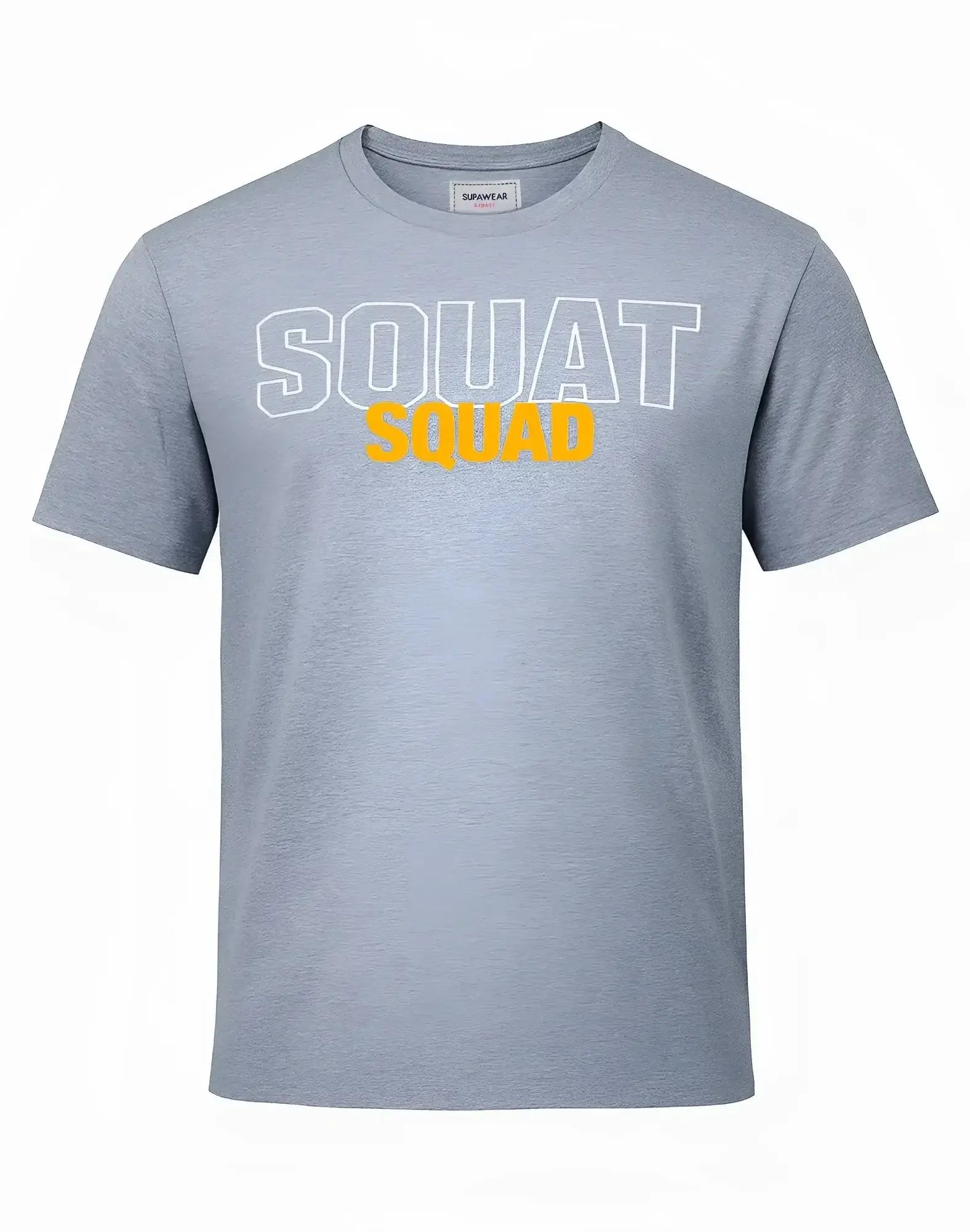 Gray heathered cotton supawear supa t-shirt with squat in white outline letters and squad in solid yellow