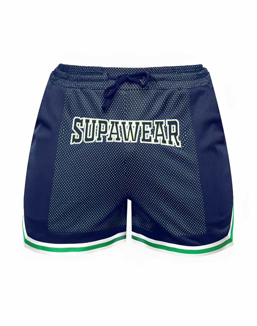 Navy blue supawear swish mesh shorts with green and white trim featuring a front logo for athletic wear