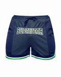 Navy blue supawear swish mesh shorts with green and white trim featuring a front logo for athletic wear