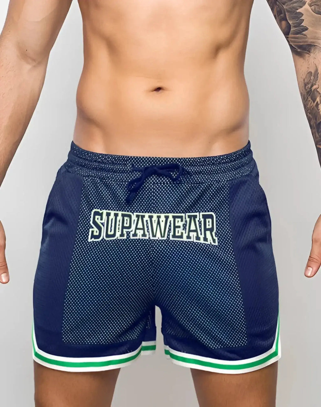 Navy blue supawear swish mesh athletic shorts with neon green and white trim and white logo across the front