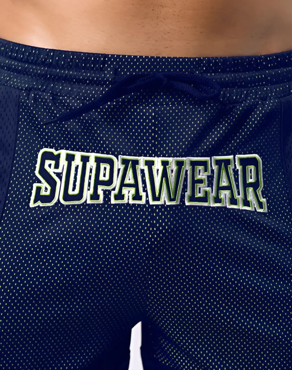 Navy blue supawear swish mesh shorts with white and green embroidered logo made from breathable athletic fabric
