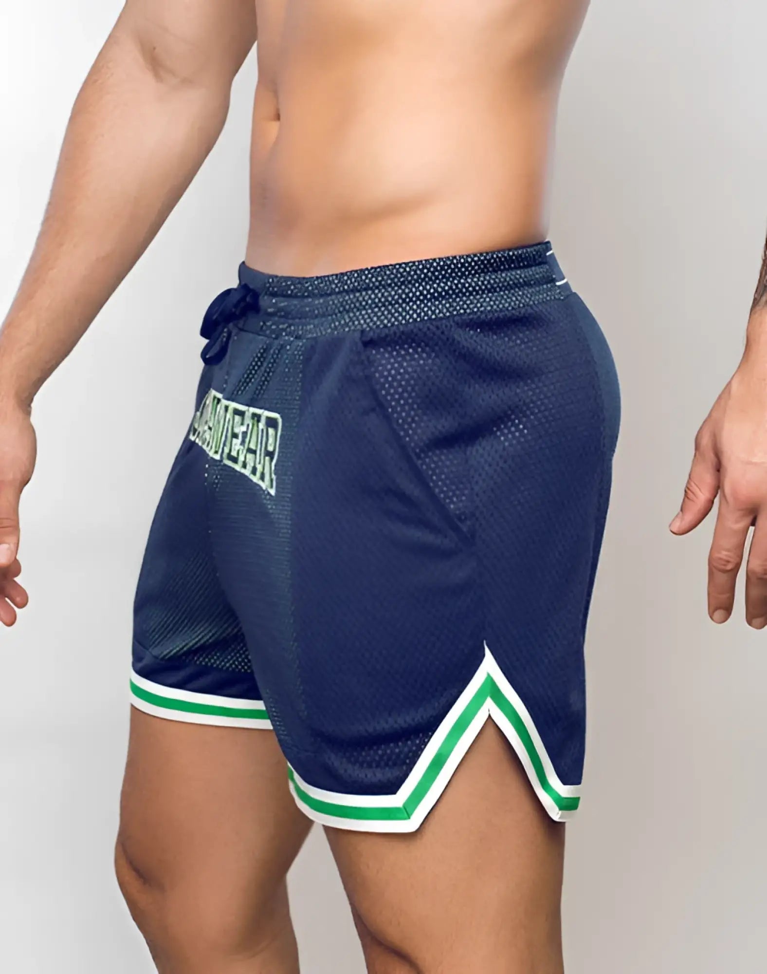 SupaWear Swish mesh shorts navy blue with green and white trim drawstring waistband and gametime lettering front