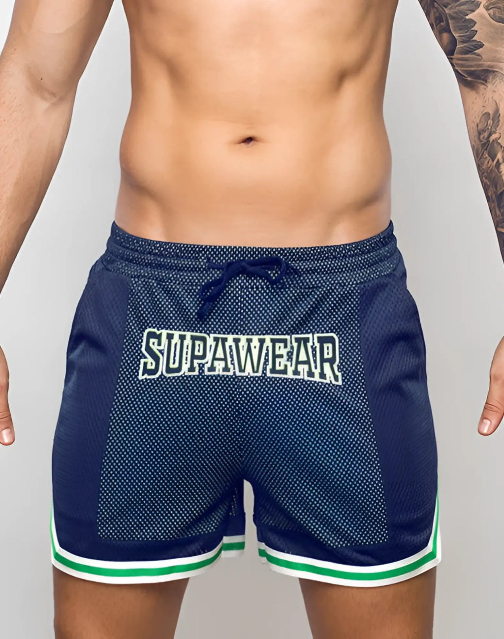 Navy blue supawear swish mesh athletic shorts with neon green and white trim and white logo across the front