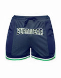 Navy blue supawear swish mesh shorts with green and white trim featuring a front logo for athletic wear