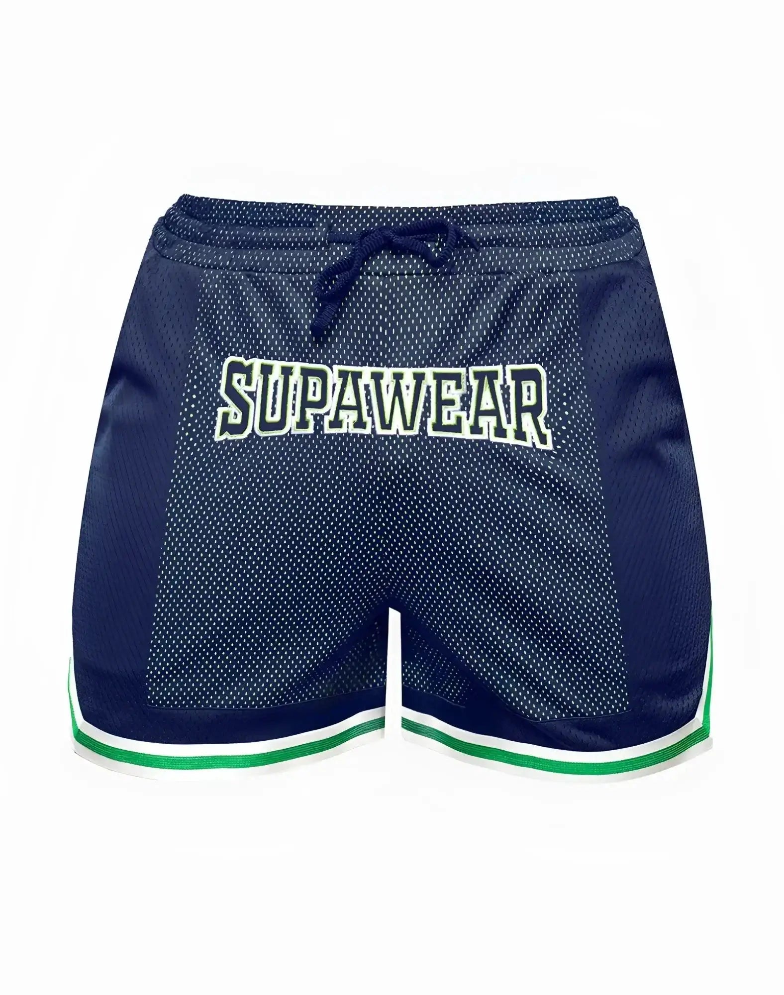 Navy blue supawear swish mesh shorts with green and white trim featuring a front logo for athletic wear