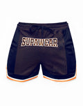 Navy blue supawear swish mesh shorts with neon orange and white trim featuring a front logo design