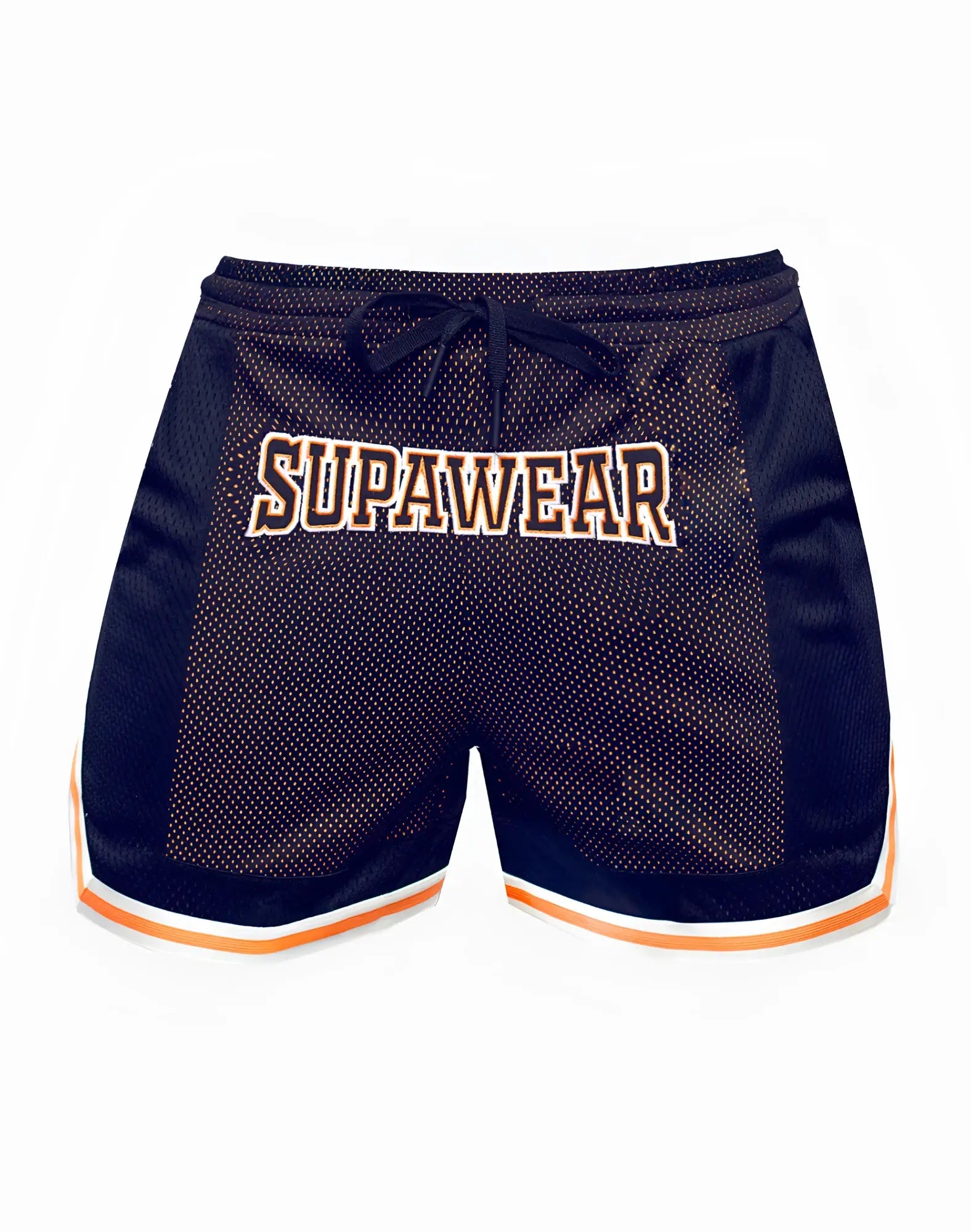 Navy blue supawear swish mesh shorts with neon orange and white trim featuring a front logo design