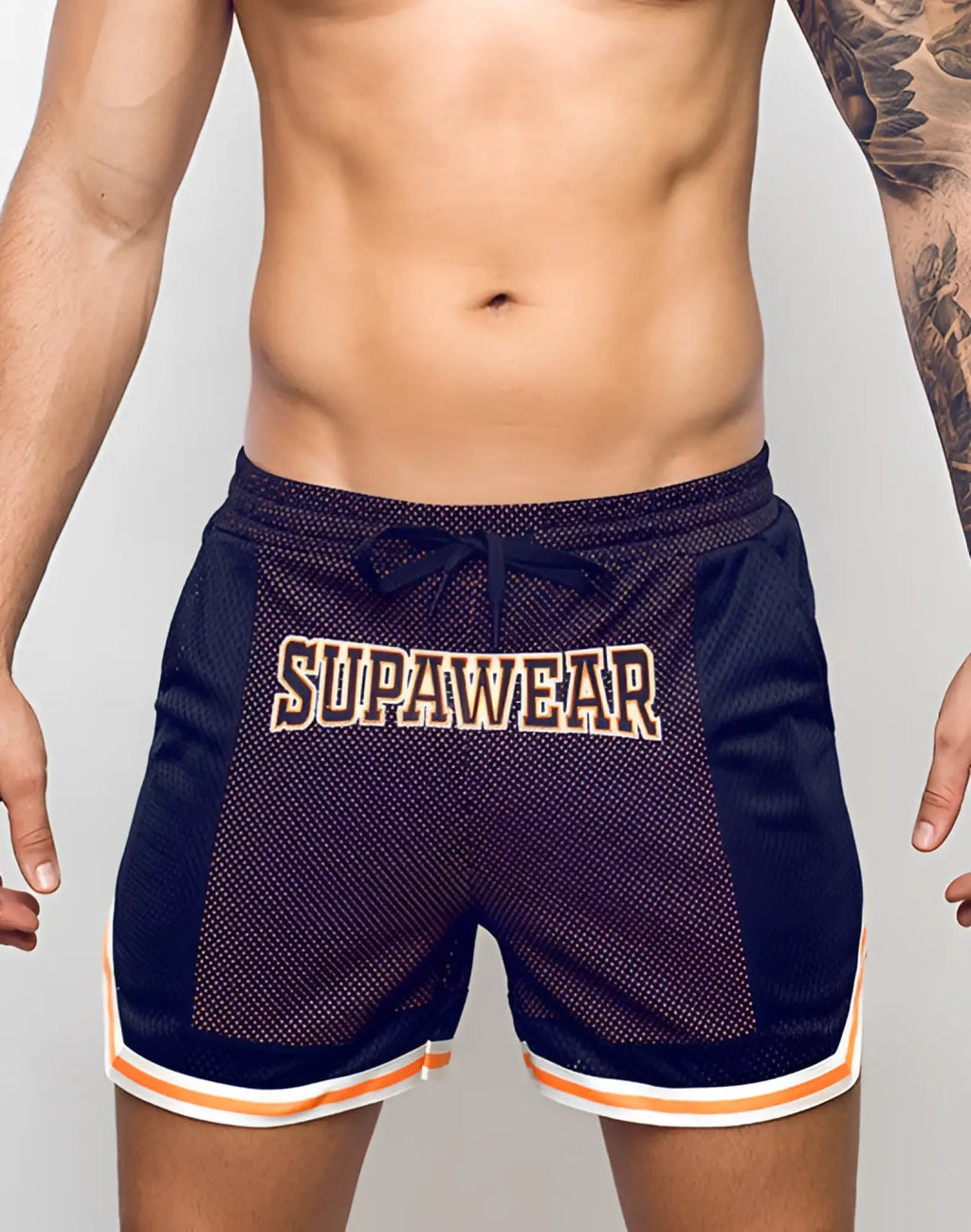 Navy blue mesh supawear swish athletic shorts with neon orange and white trim for activewear use