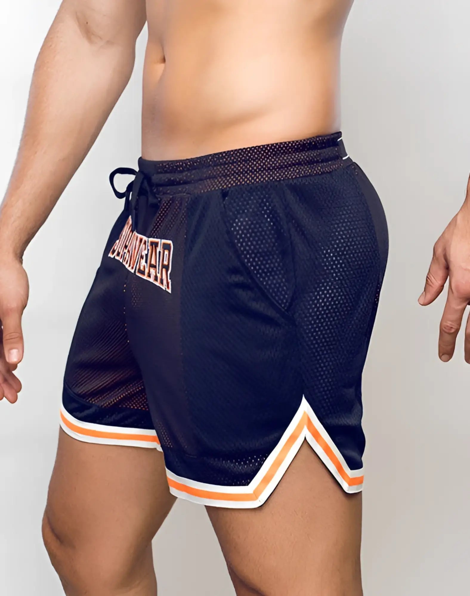 SupaWear swish mesh shorts navy blue with neon orange and white trim drawstring waistband basketball lettering