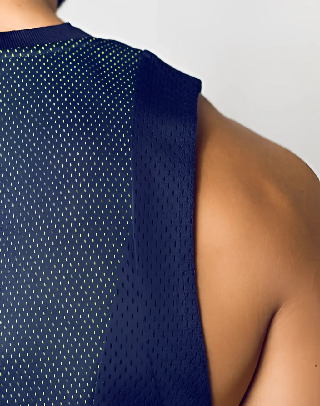 Navy blue mesh athletic tank top with ribbed neckline and straps from SUPAWEAR Swish Mesh Singlet neon green collection