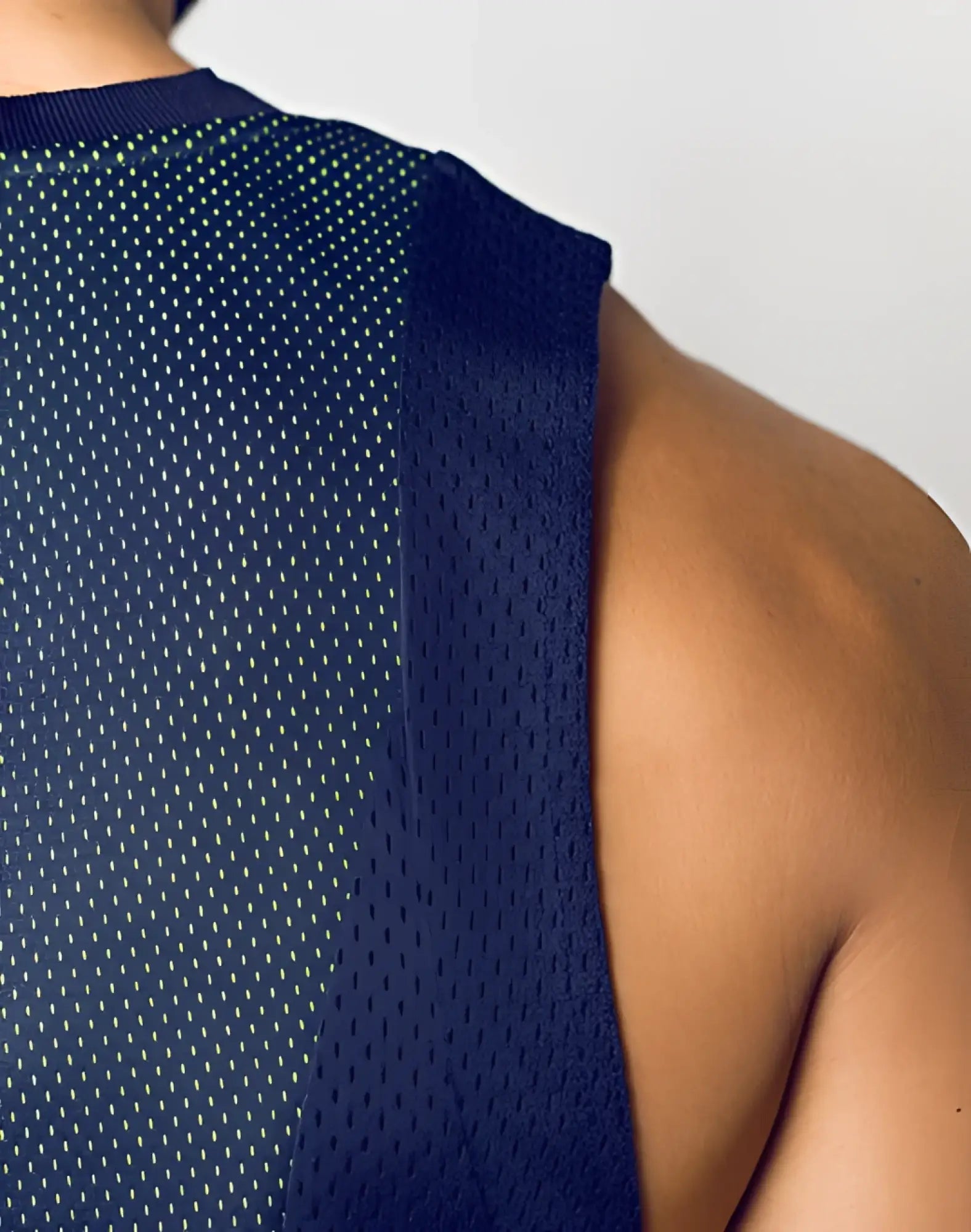 Navy blue mesh athletic tank top with ribbed neckline and straps from SUPAWEAR Swish Mesh Singlet neon green collection