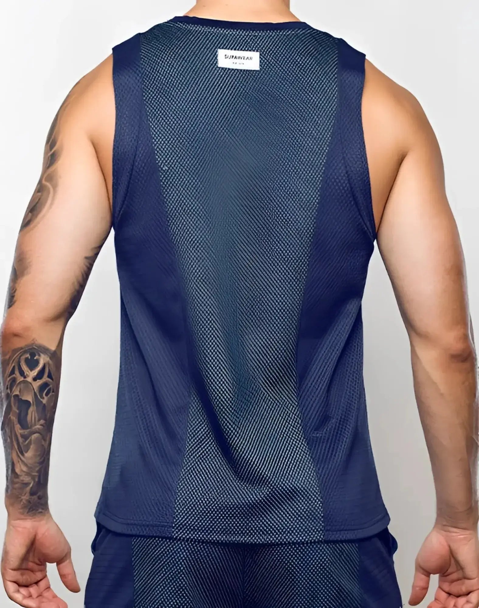 Navy blue mesh athletic tank top with subtle gradient and white supawear label at neckline.