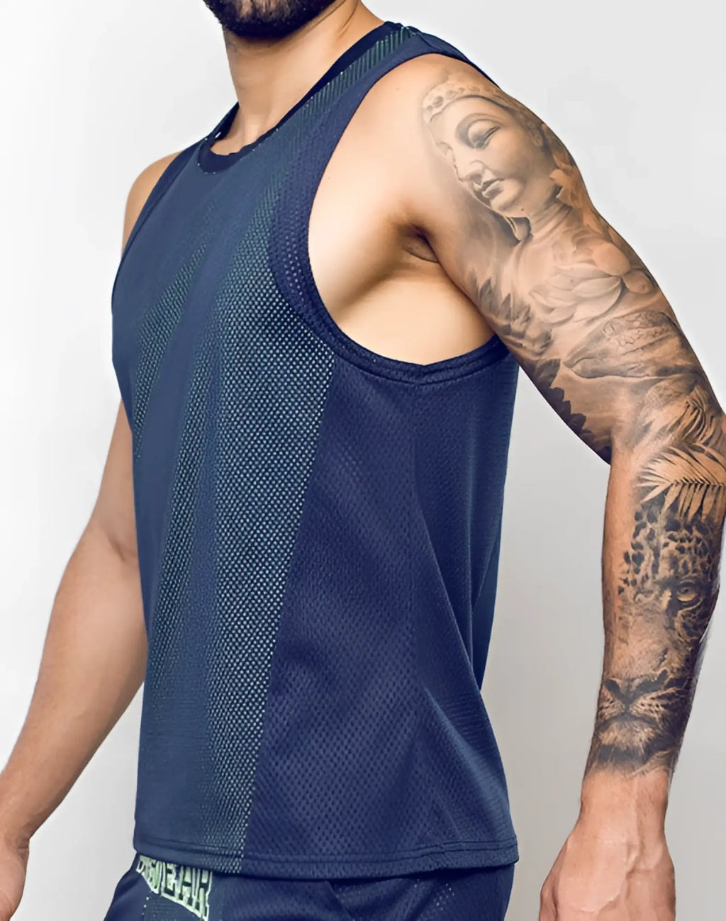 Navy blue athletic tank top with mesh panels and racerback design from supawear swish mesh singlet neon green collection