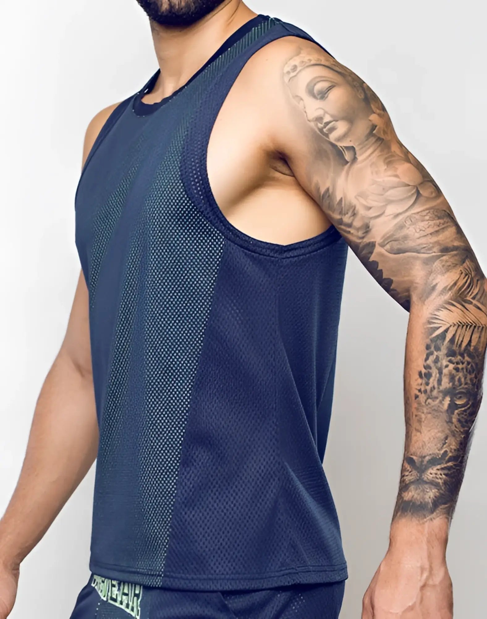 Navy blue athletic tank top with mesh panels and racerback design from supawear swish mesh singlet neon green collection