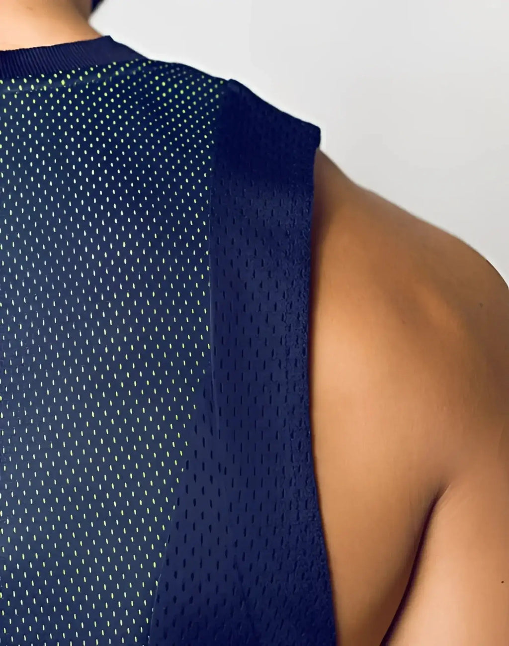 Navy blue mesh athletic tank top with ribbed neckline and straps from SUPAWEAR Swish Mesh Singlet neon green collection