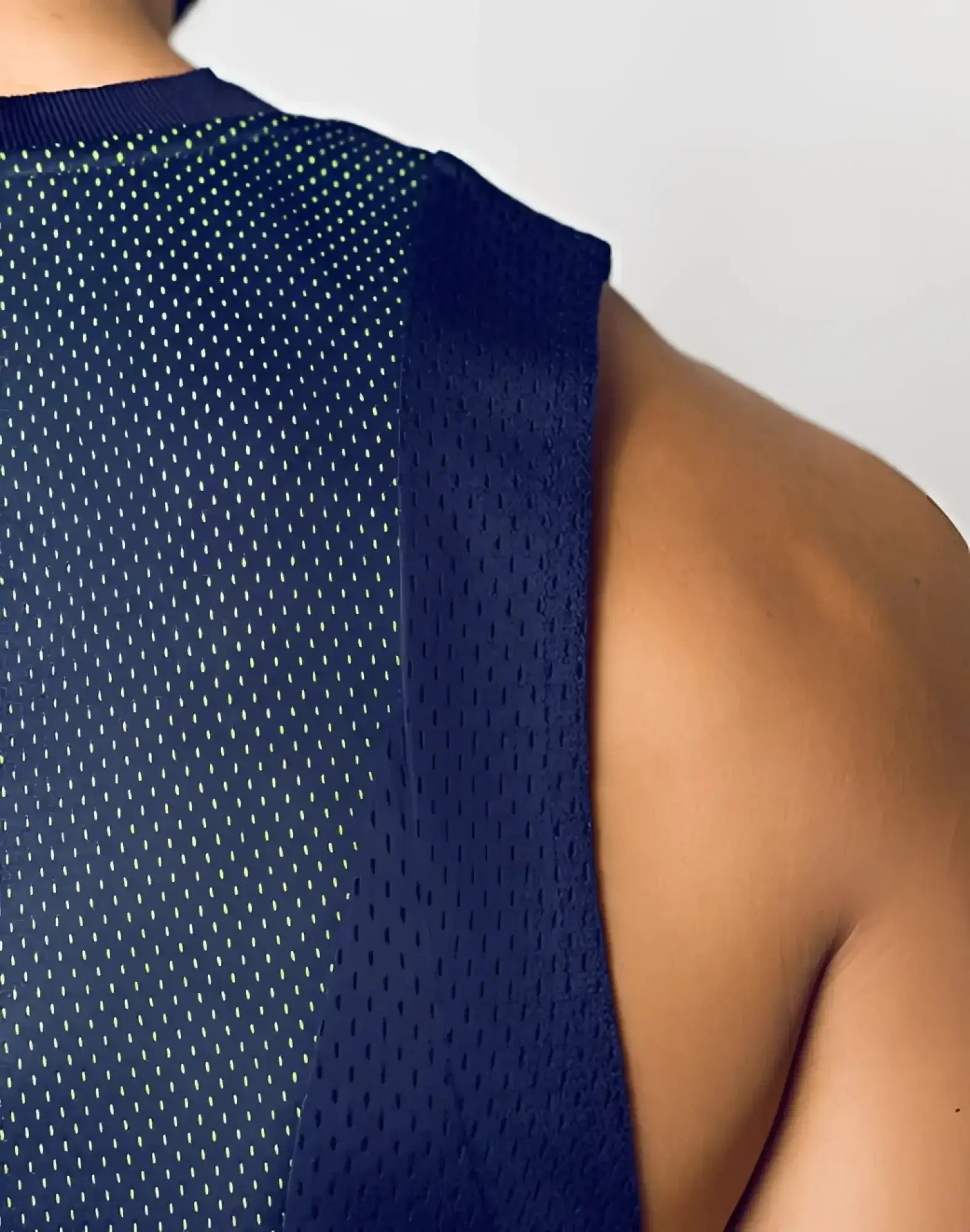 Navy blue mesh athletic tank top with ribbed neckline and straps from SUPAWEAR Swish Mesh Singlet neon green collection