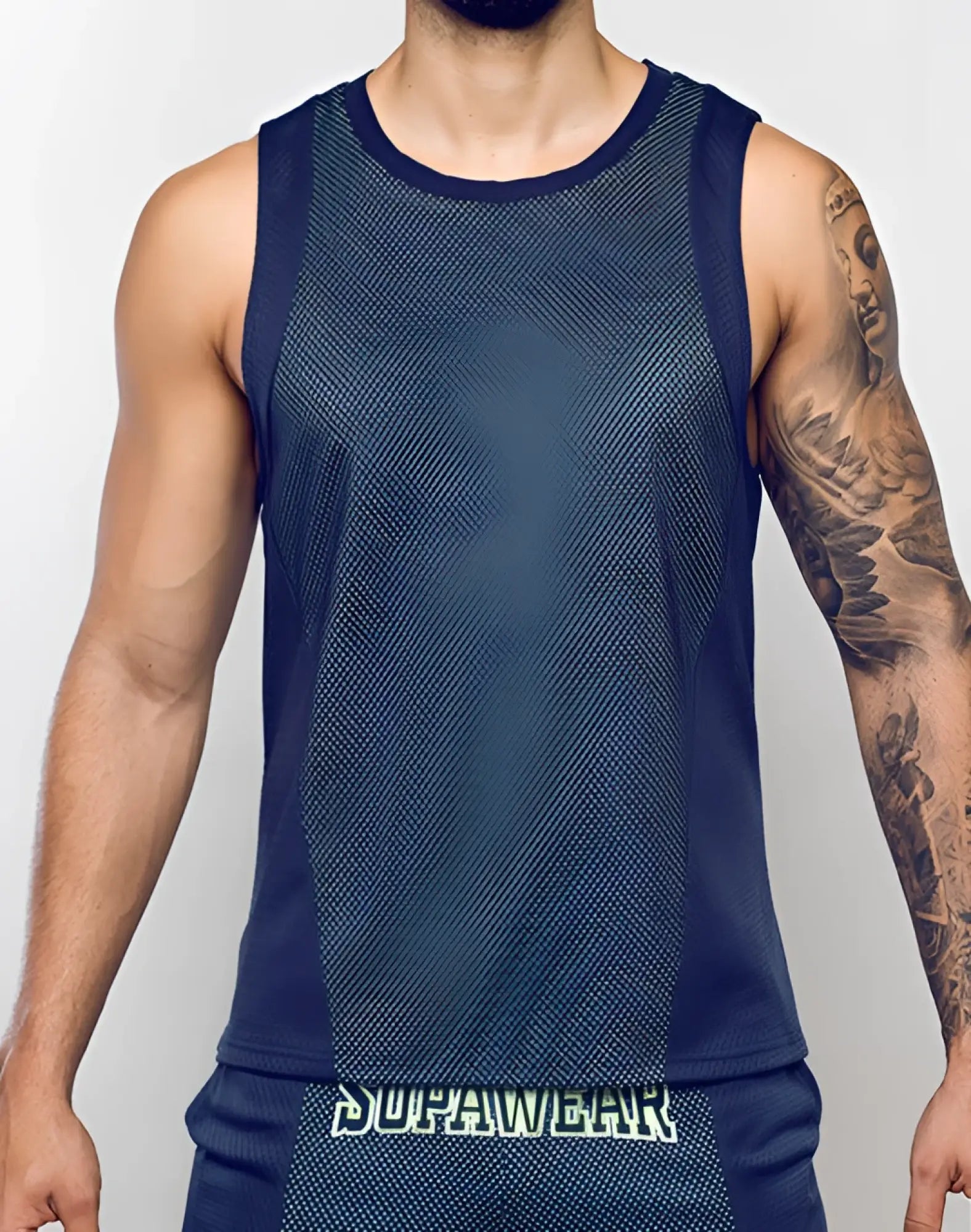 Navy blue mesh sleeveless tank top with subtle texture and dark trim by SUPAWEAR Swish Mesh Singlet neon green