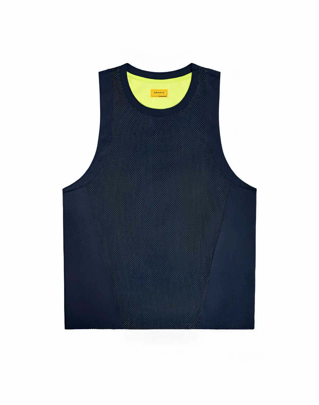 Navy blue mesh tank top with bright yellow lining and orange tag from SUPAWEAR Swish Mesh Singlet Neon Green collection