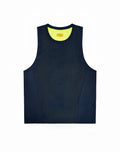 Navy blue mesh tank top with bright yellow lining and orange tag from SUPAWEAR Swish Mesh Singlet Neon Green collection