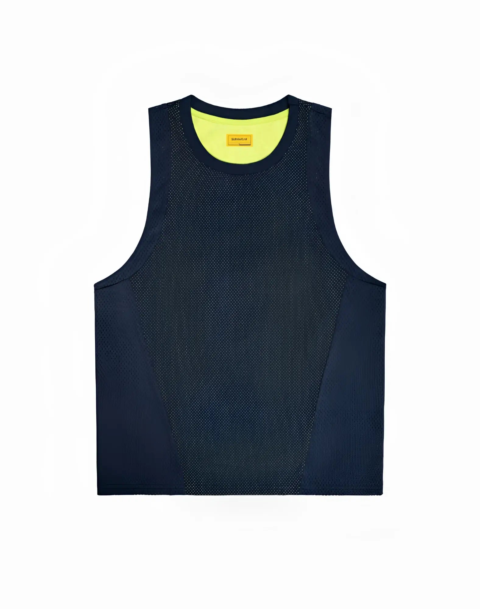 Navy blue mesh tank top with bright yellow lining and orange tag from SUPAWEAR Swish Mesh Singlet Neon Green collection