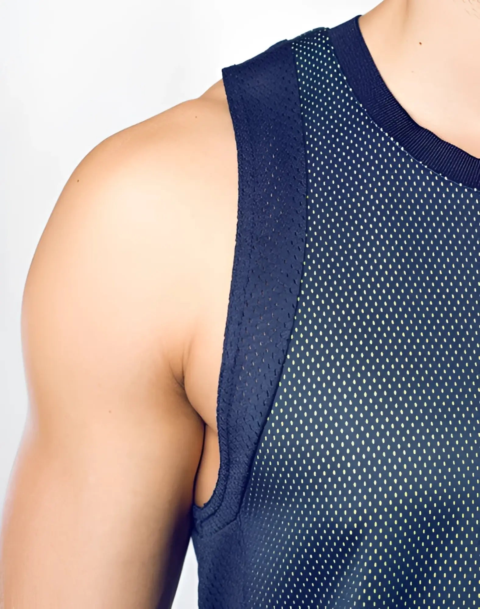 Navy blue mesh tank top with ribbed neckline and armholes from supawear swish mesh singlet neon green collection