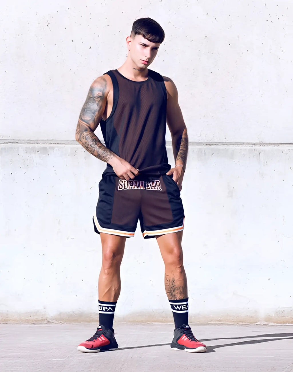 Black mesh basketball shorts with white and brown trim and supreme lettering on the waistband for sporty style