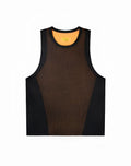 SupaWear Swish mesh singlet in black and brown with neon orange inner lining and breathable mesh fabric