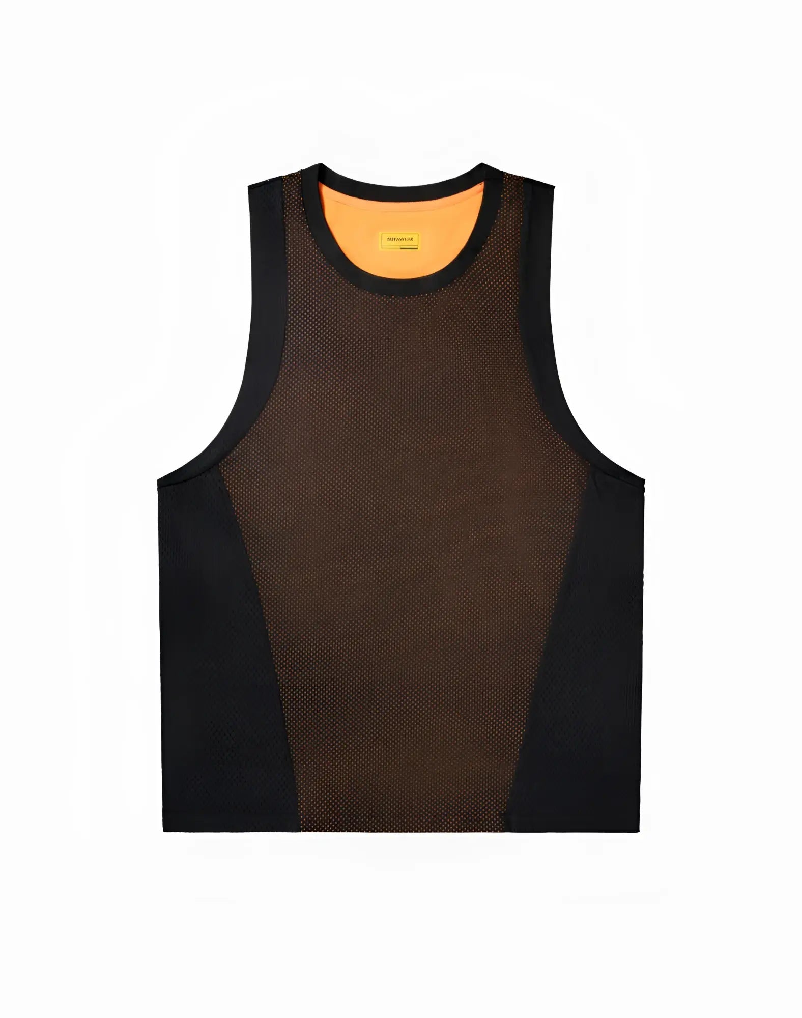SupaWear Swish mesh singlet in black and brown with neon orange inner lining and breathable mesh fabric