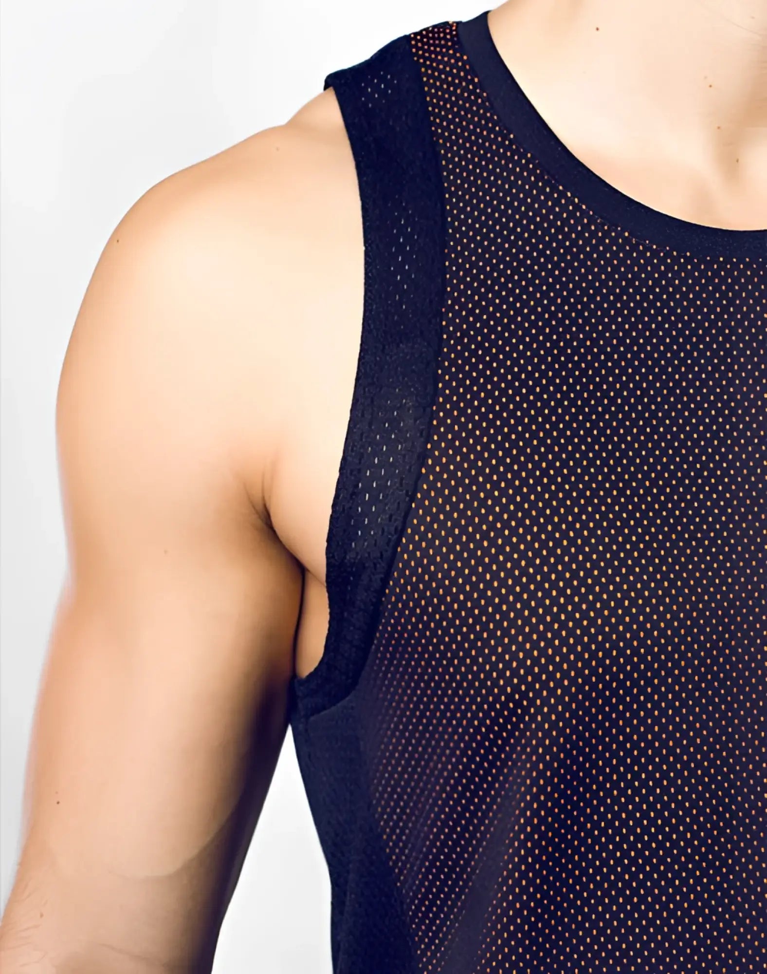 SupaWear Swish mesh singlet neon orange black mesh tank top with ribbed neckline and armholes front view