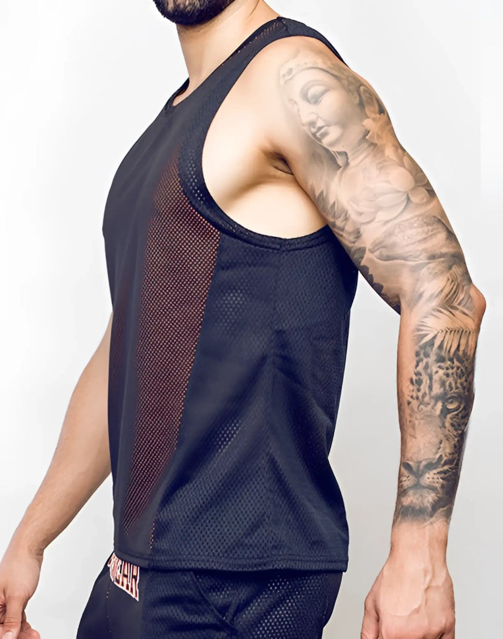 SupaWear Swish mesh singlet in neon orange features a black mesh tank top with a sheer side panel