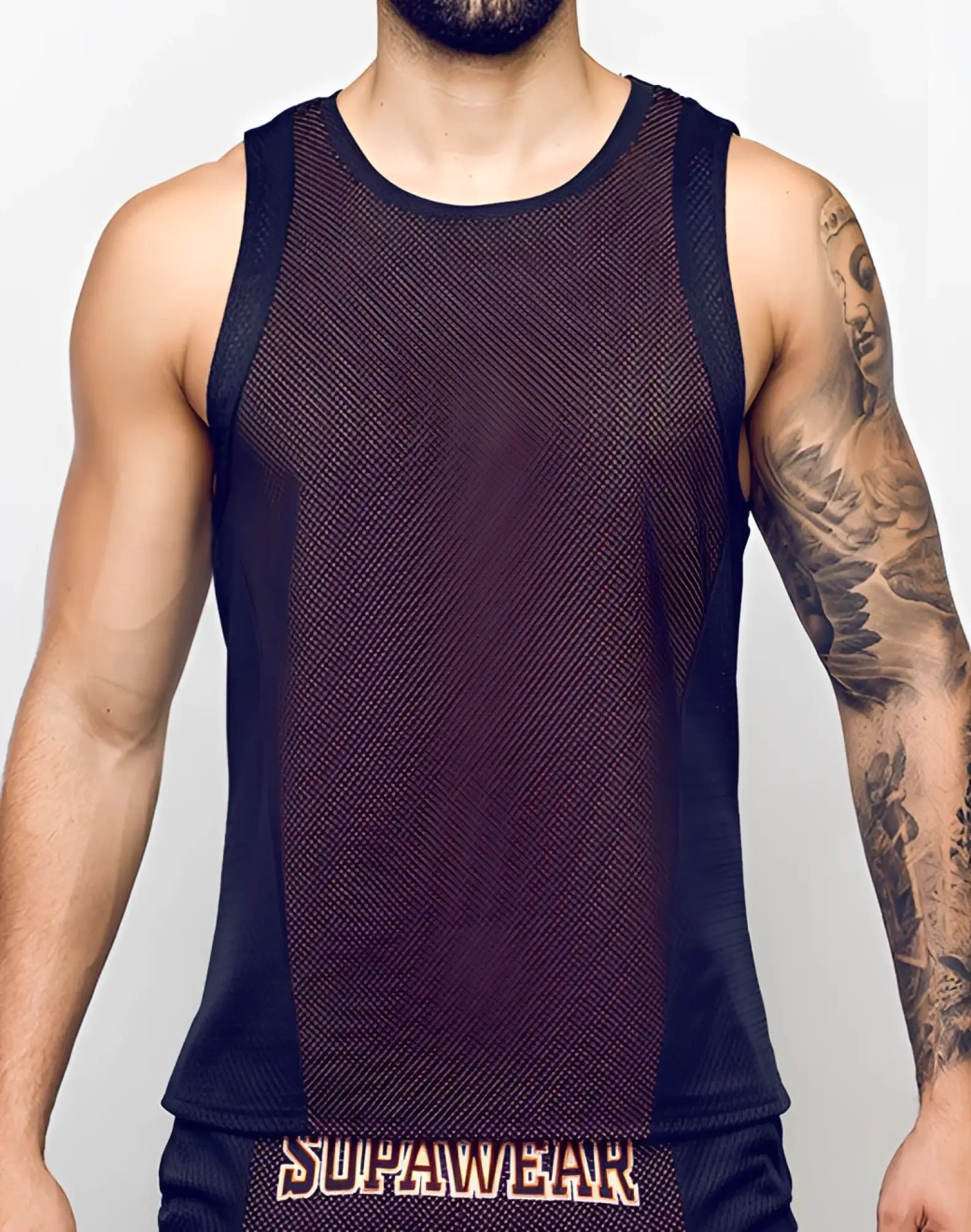 SupaWear Swish mesh singlet in neon orange with black mesh front, solid black side panels, and subtle textured pattern