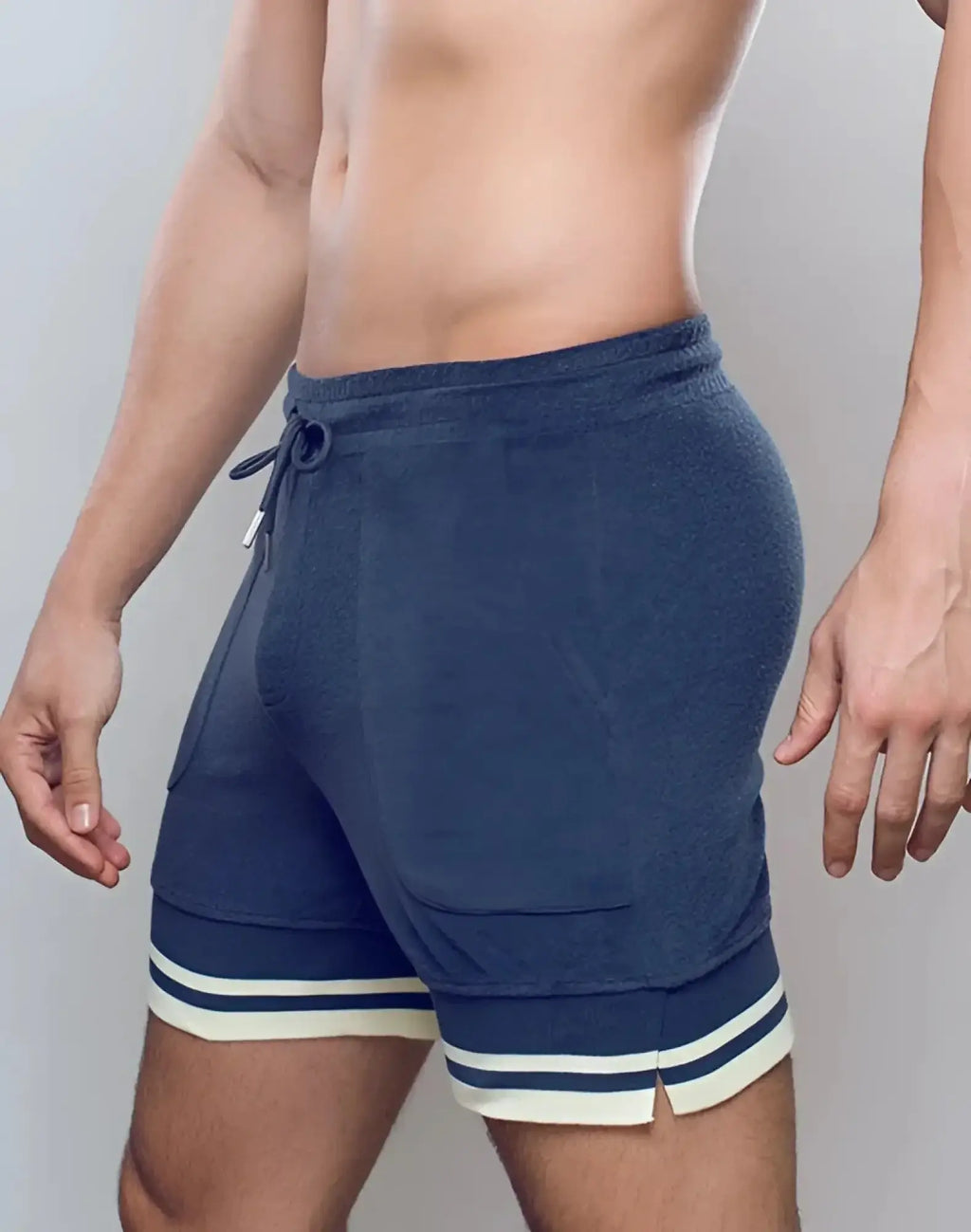 Navy blue supawear terry towelling athletic shorts with white and dark blue striped cuffs