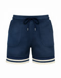 Navy SUPAWEAR terry towelling shorts with white and cream striped cuffs and matching drawstring waistband