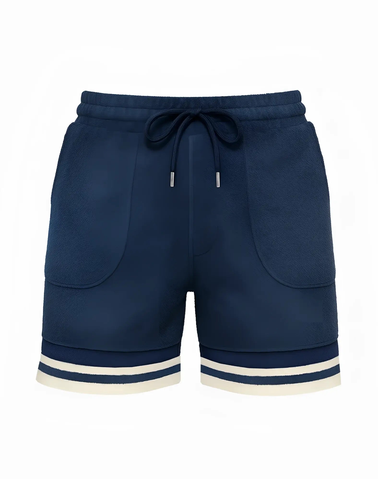 Navy SUPAWEAR terry towelling shorts with white and cream striped cuffs and matching drawstring waistband