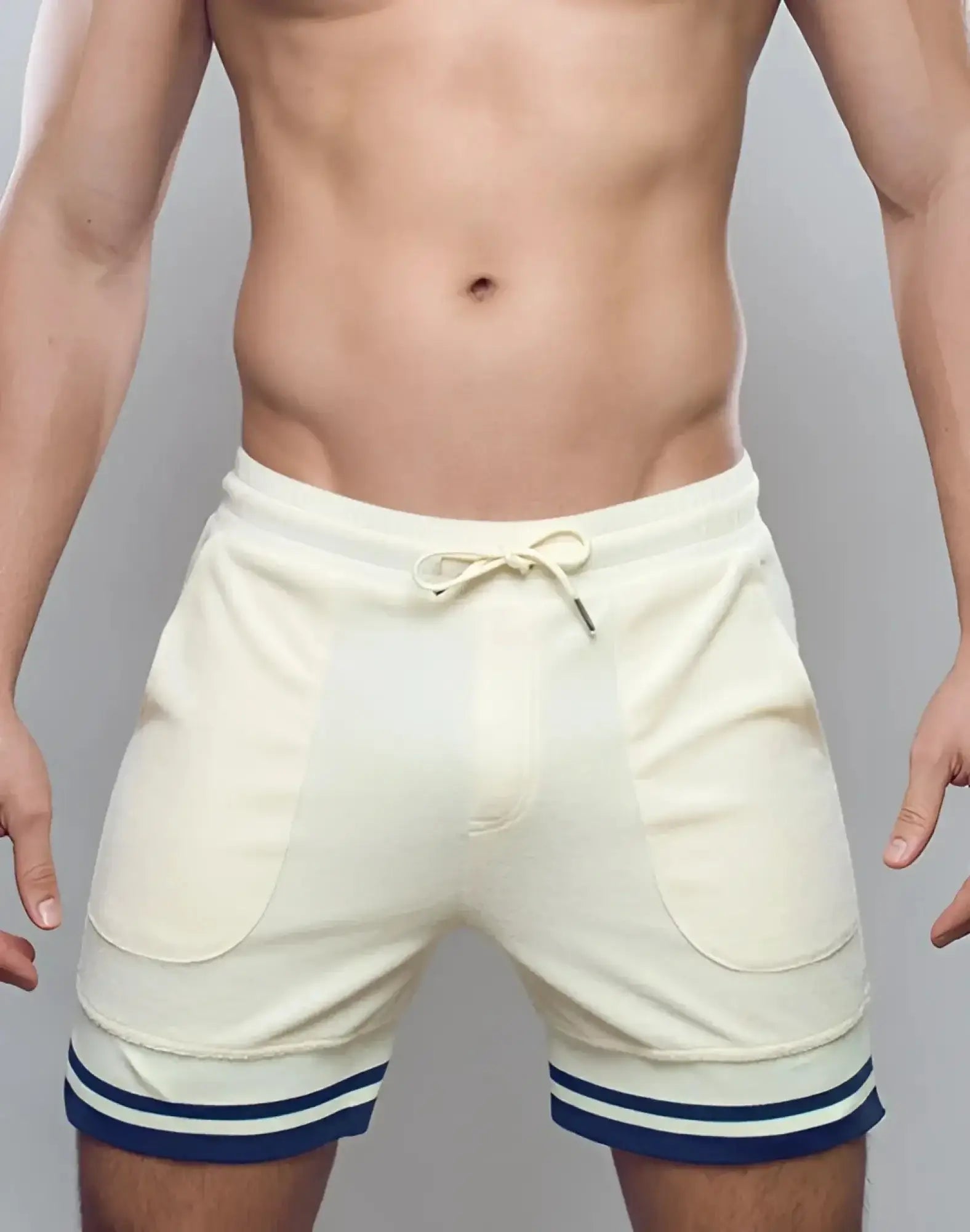 SupaWear off white terry towelling shorts with cream color, navy blue striped cuffs, and matching drawstring waistband