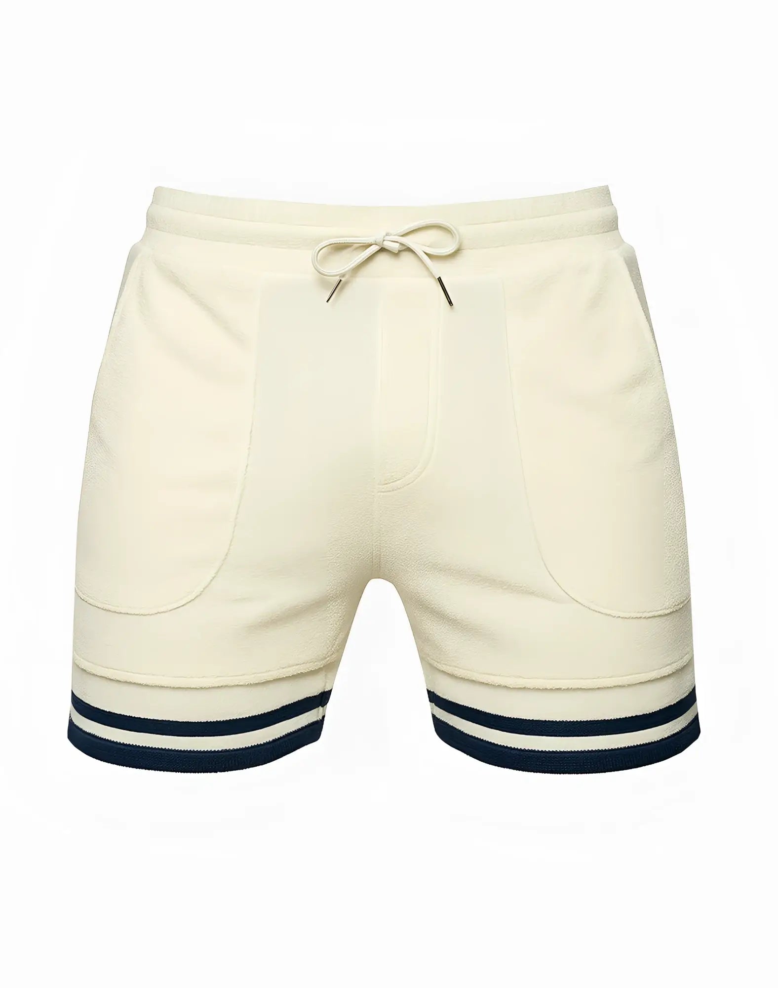 SupaWear cream-colored terry towelling athletic shorts with navy blue striped cuffs and matching drawstring waistband