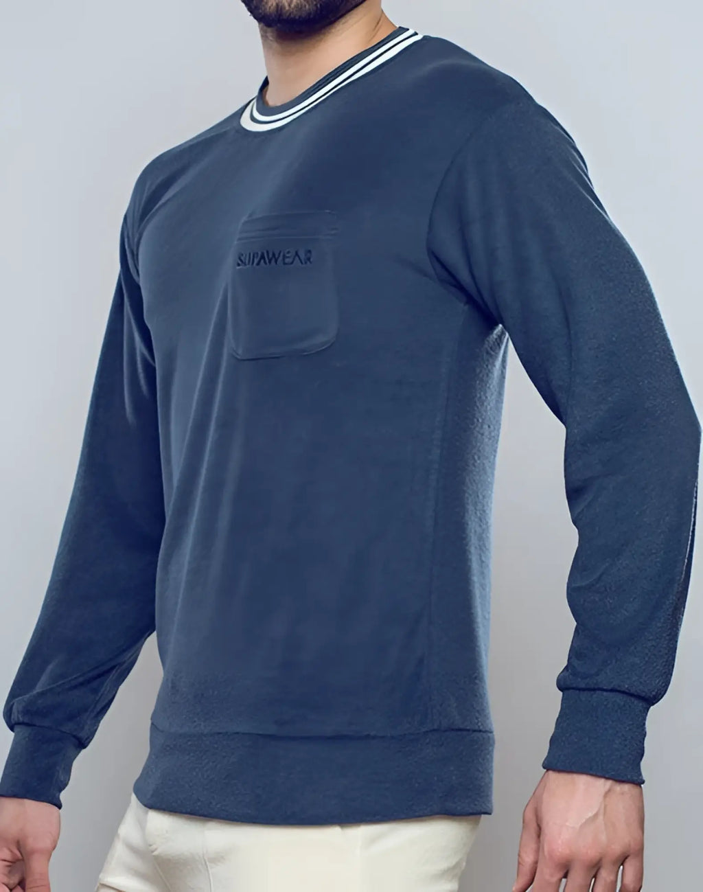 Navy supawear terry towelling crewneck sweatshirt with white striped collar and embroidered chest pocket logo