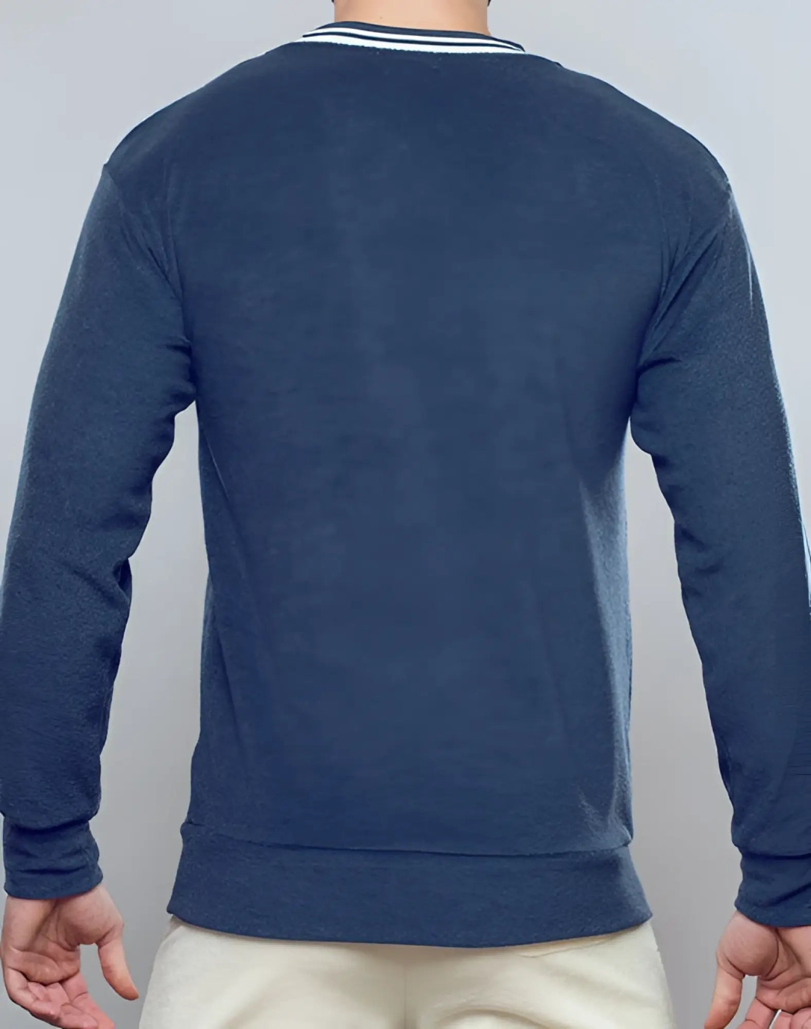 Navy blue supawear terry towelling sweater with white and black striped ribbed collar knit for casual wear