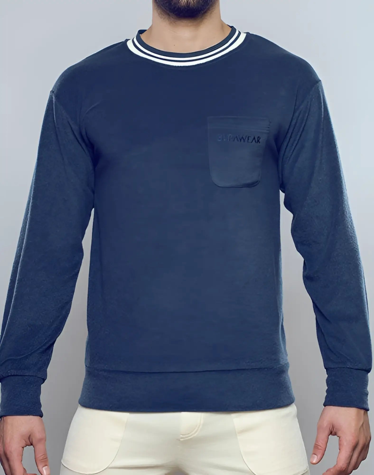 Navy blue long-sleeved terry towelling sweatshirt with white striped ribbed collar and cutawear logo chest pocket