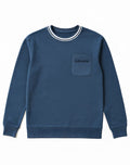Navy supawear terry towelling sweater with white ribbed neckline and cuffs and embroidered front chest pocket