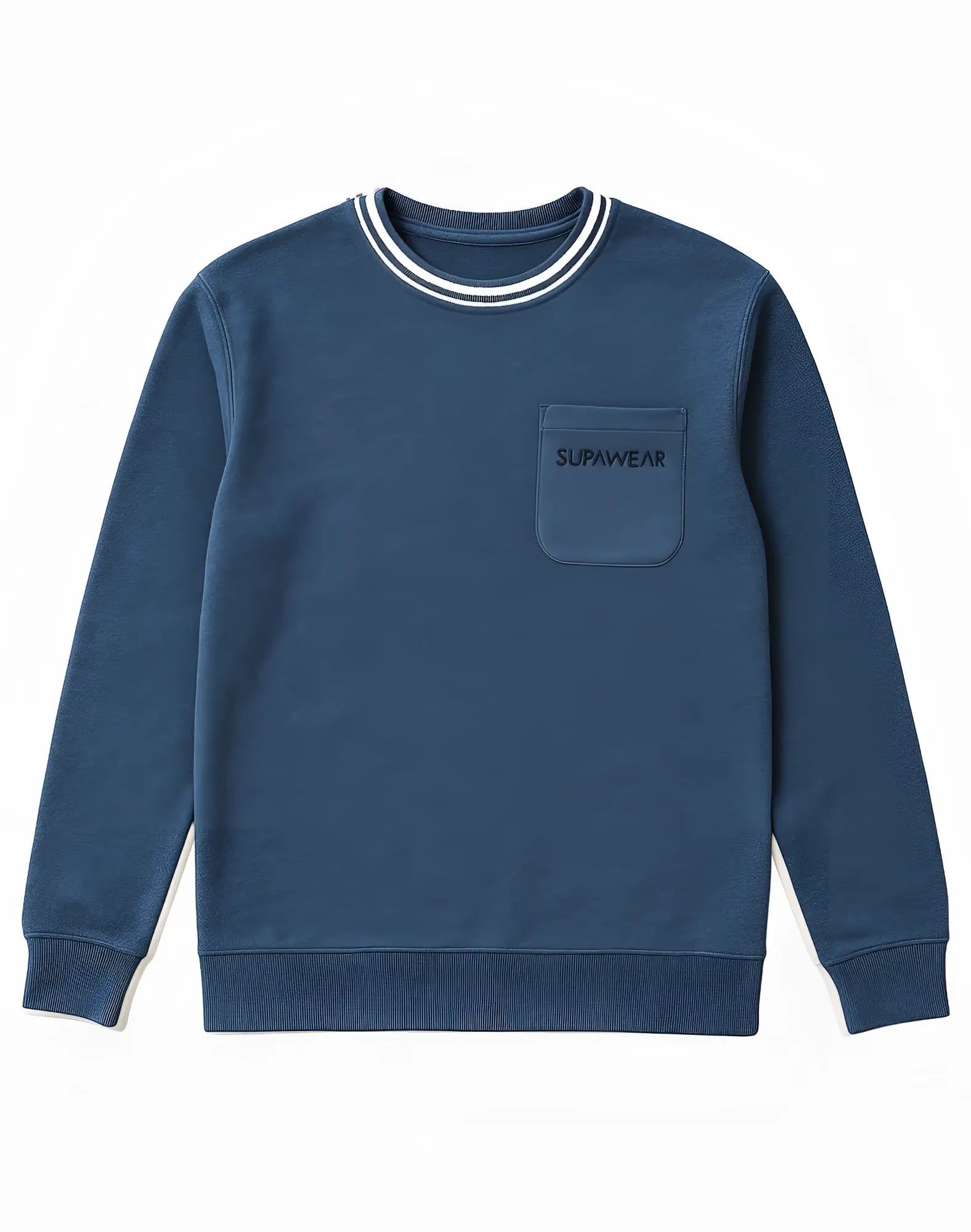 Navy supawear terry towelling sweater with white ribbed neckline and cuffs and embroidered front chest pocket