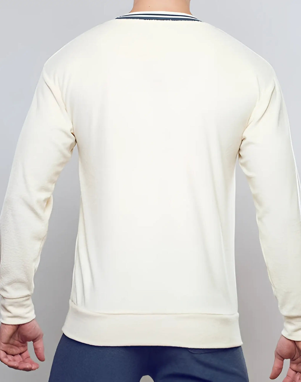 Cream-colored SUPAWEAR terry towelling long-sleeved sweatshirt with navy blue and white striped ribbed collar