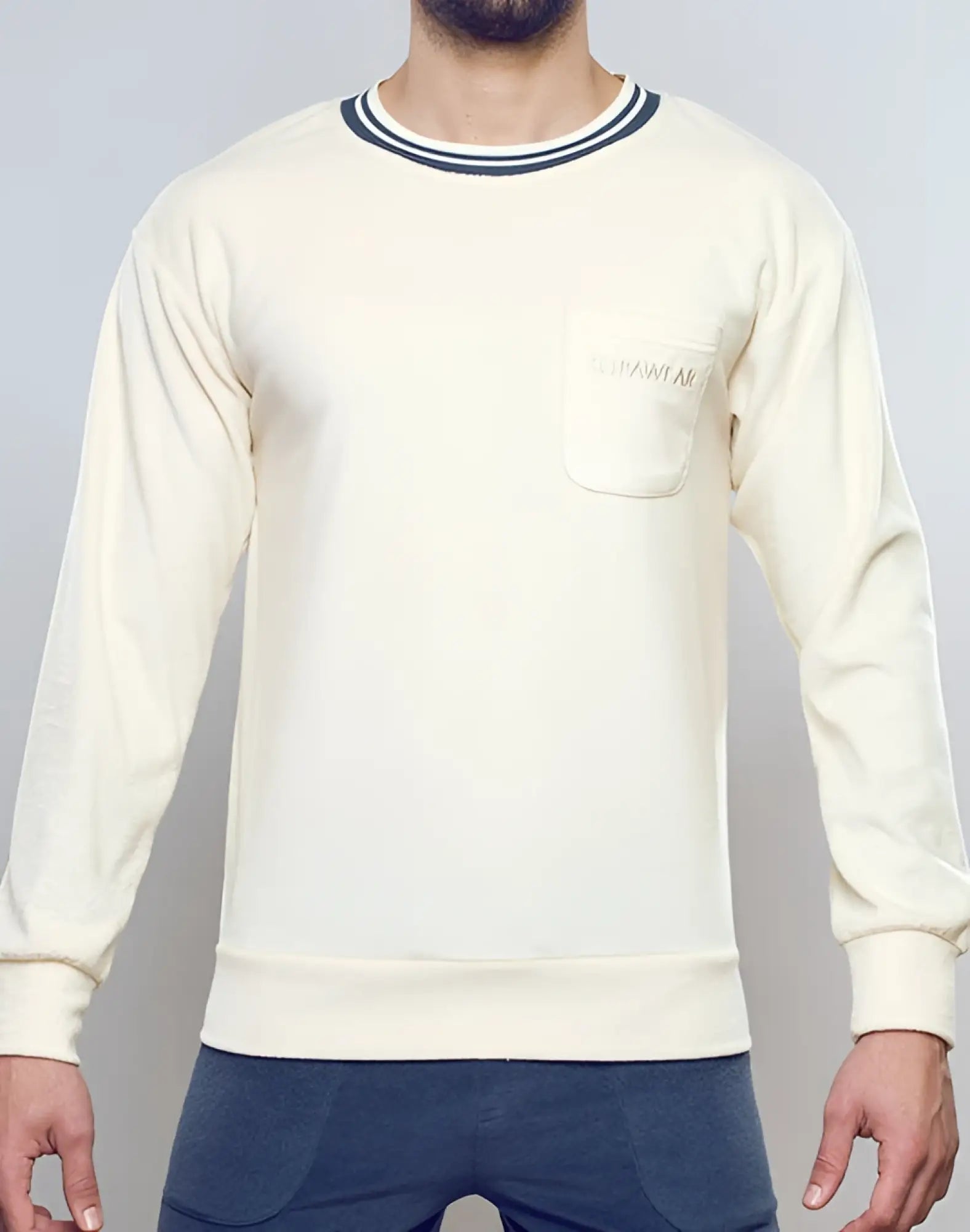 SupaWear off white terry towelling sweater cream long sleeve with navy ribbed trim and southwest embroidered pocket