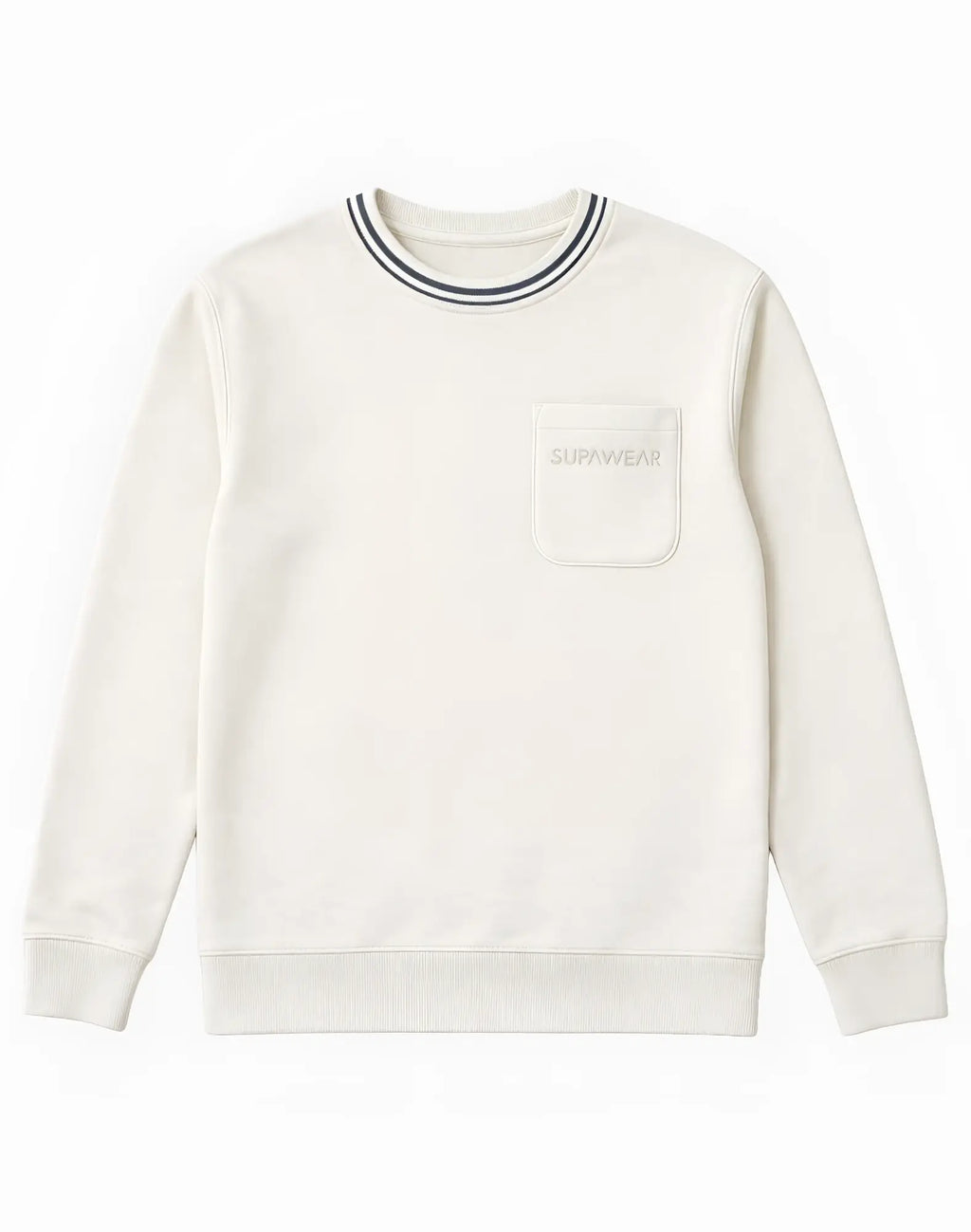 Cream-colored supawear terry towelling sweatshirt with ribbed crew neck black trim and front pocket embroidered brand name